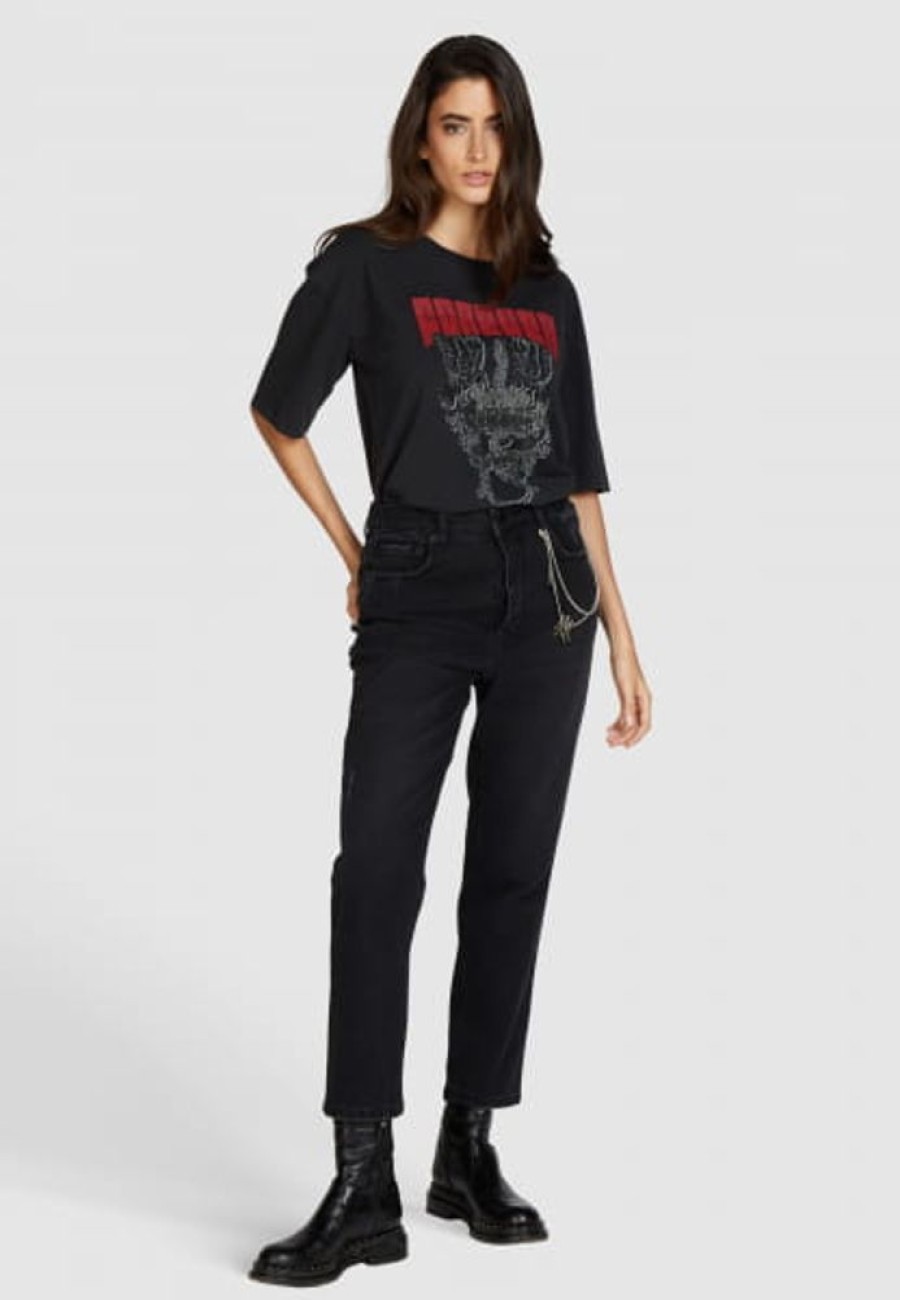 Hosen & Jeans Marc Aurel | Cropped Mom Jeans Aus Black Denim Mit Schmuckkette